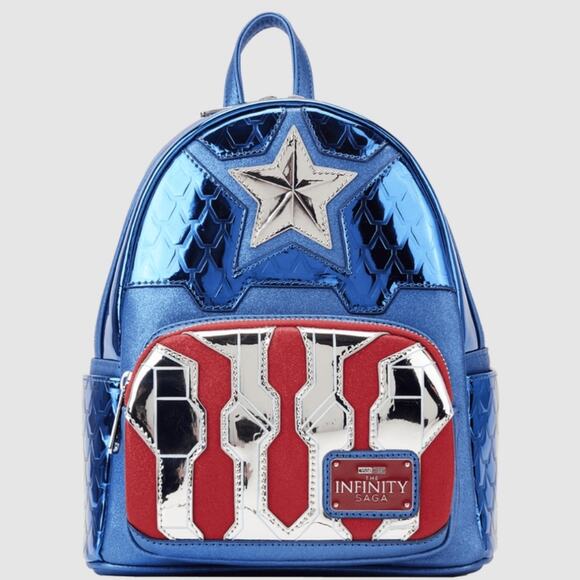 NEW Loungefly Marvel Metallic Captain America Cosplay Mini Backpack - Picture 1 of 11